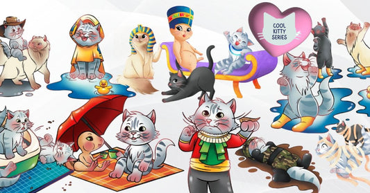 A collection of illustrated snippets from "The Smitten Kitten Strikes Again," featuring Chill, his siblings, and Lizzie the kitten in various playful and affectionate poses.