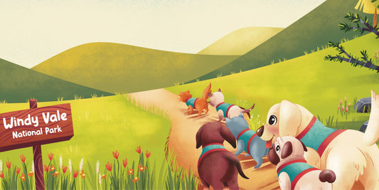 A hilariously energetic scene at Windy Vale Park! The "Fart Brigade" kittens are in the middle of a breezy adventure, their playful expressions rendered in thick black outlines and glowing colors. The artwork captures the silly and rhythmic spirit of this unique book, where the "words lead" the way through a very funny afternoon in the park.