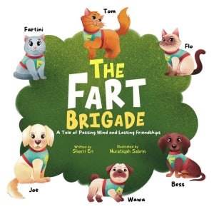 Book cover of 'The Fart Brigade' with cartoon cats and dogs on a green background