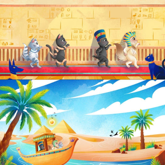An illustration from the Cool Kitty Series showing Chill and his siblings sailing a boat on the River Nile. They are striking "Egyptian" poses under a bright sky with pyramids and date palm trees in the background.