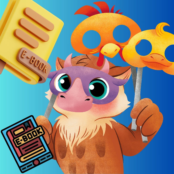 An owl mascot wearing a distinct mask, showcasing various colorful e-book covers.