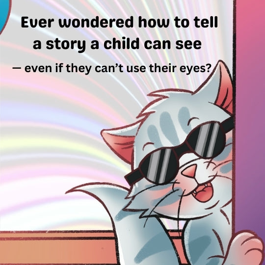 Chill the cat from the Cool Kitty Series posing in sunglasses. Features a "Candy Color" gradient background and motivational text about inclusive storytelling, representing the Picture the Book brand.