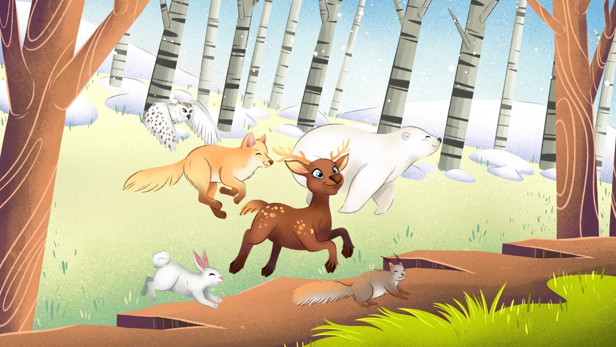 Reindeeer is playing with her friends in the woods