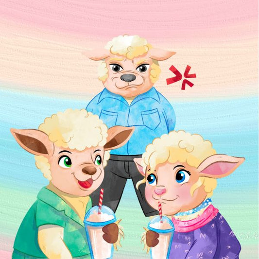 An illustration featuring the three main characters from "Baa Baa Baby": the brave lamb, a friend, and the "Big Baa-d Bully" character, standing together in a high-contrast, colorful setting.