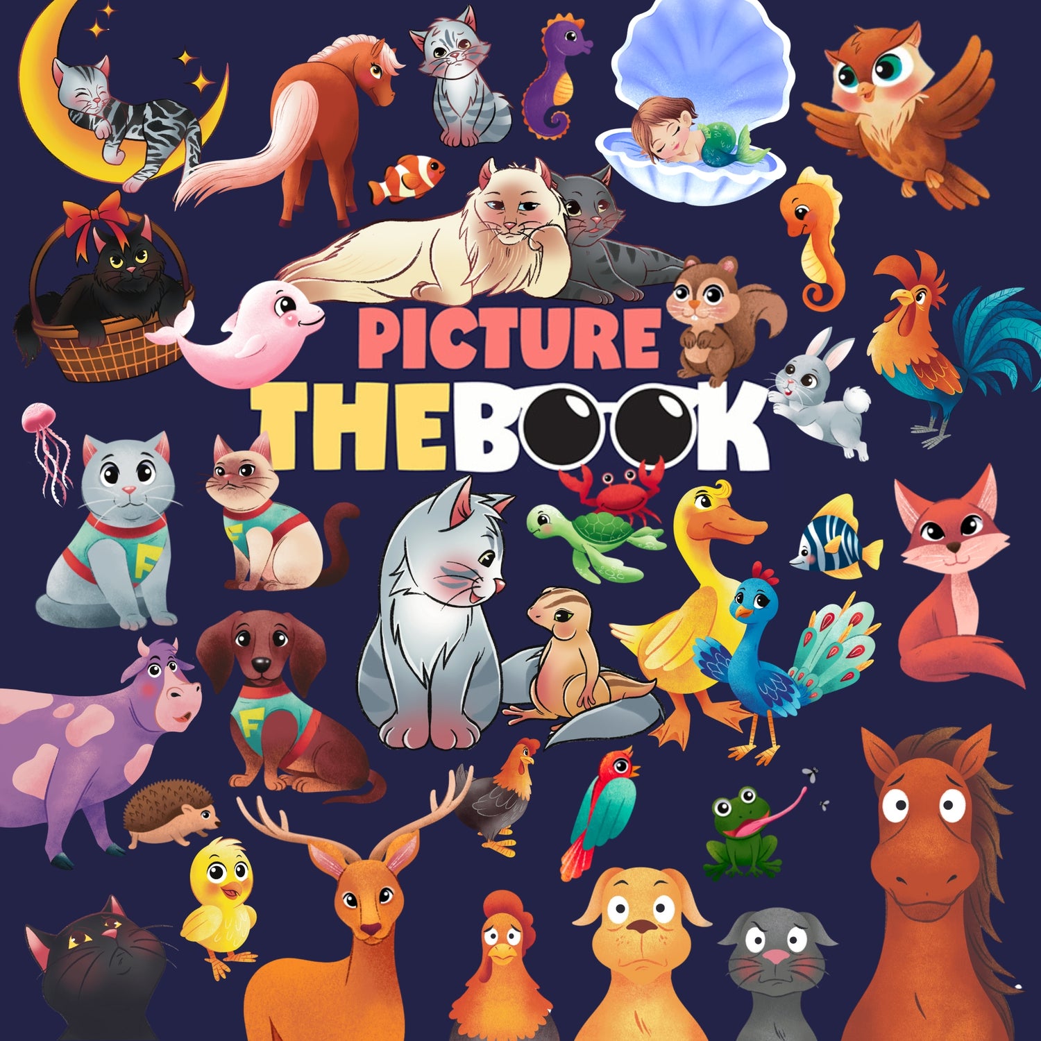Logo for PictureTheBook, an illustrated design showcasing a group of adorable animal characters from the books.