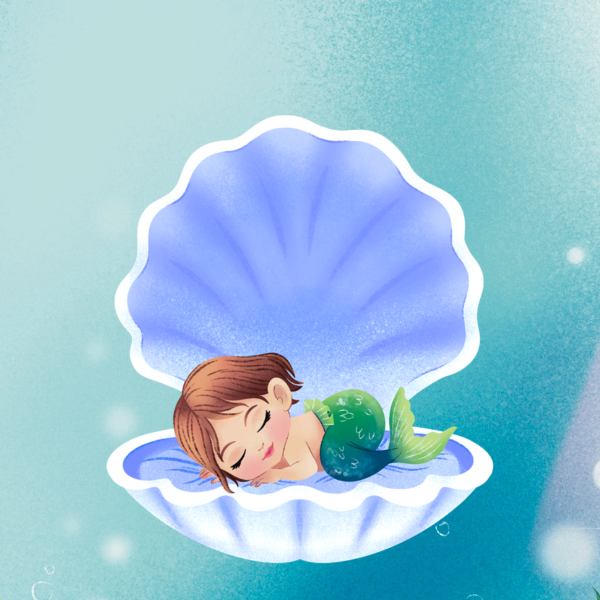 Baby mermaid sleeping in a large open shell underwater.