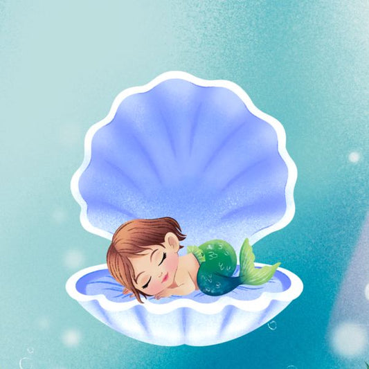 Baby mermaid sleeping in a large open shell underwater.