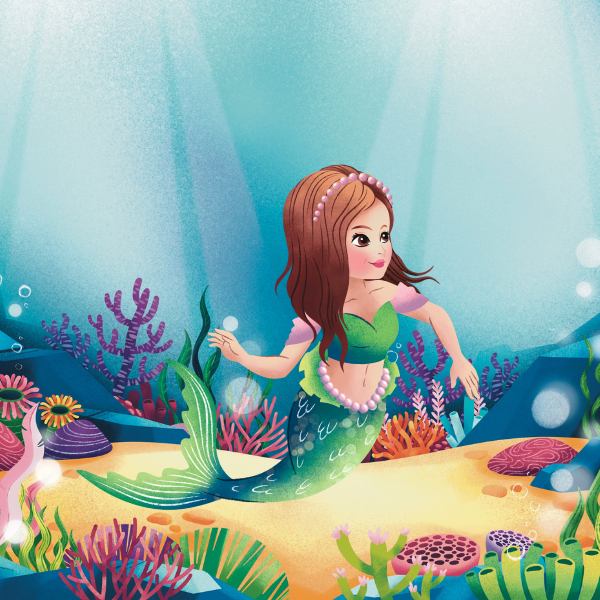 A beautiful mermaid swimming gracefully above a vibrant seabed filled with colorful coral reefs and glowing marine life.