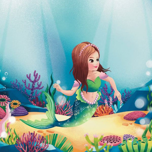 A beautiful mermaid swimming gracefully above a vibrant seabed filled with colorful coral reefs and glowing marine life.