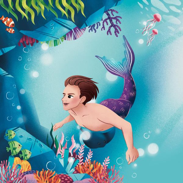 A vibrant illustration of the Merprince smiling underwater against a beautiful, high-contrast blue background, designed for the 'Mermaid on a Mountaintop'.