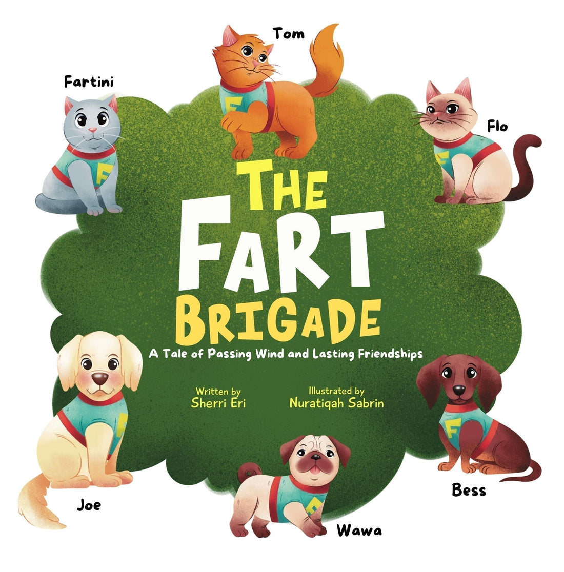 A group illustration of The Fart Brigade (puppies and kittens) posing triumphantly against a bright sunset by the sea.