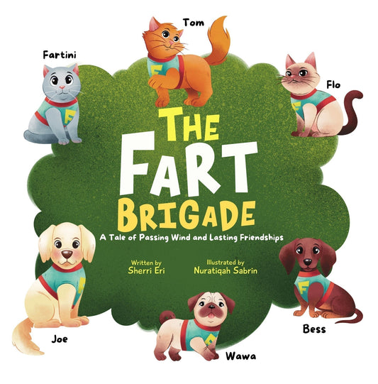 A group illustration of The Fart Brigade (puppies and kittens) posing triumphantly against a bright sunset by the sea.