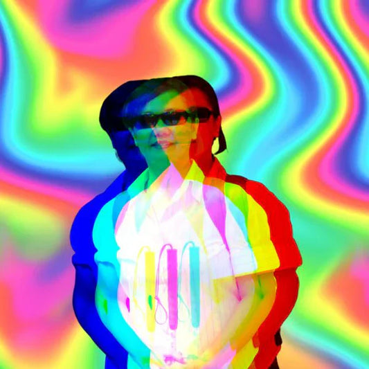 Author Sherri Eri with her white cane and sunglasses against a background of swirling, distorted colors, symbolizing the sensory mission of the 'Once Upon a Sound' blog.