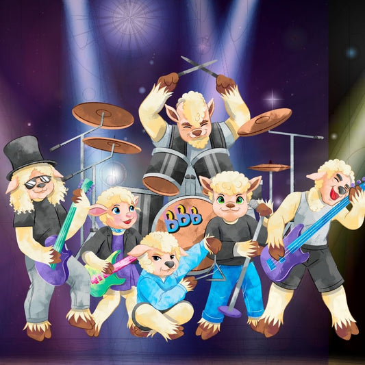 Characters from the 'Baa Baa Baby' rock band performing their theme song. The main lambs lead the band while the bully lamb plays the triangle.