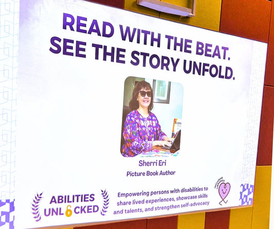 An official National Library Board (NLB) event poster featuring Singapore children's author Sherri Eri for an inclusive storytelling session in Singapore.