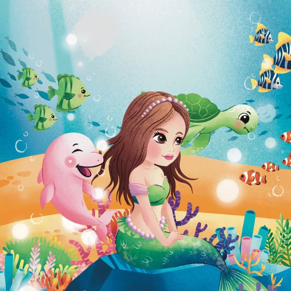 A high-contrast illustration of a beautiful mermaid sitting gracefully underwater, joined by her vibrant pink dolphin.