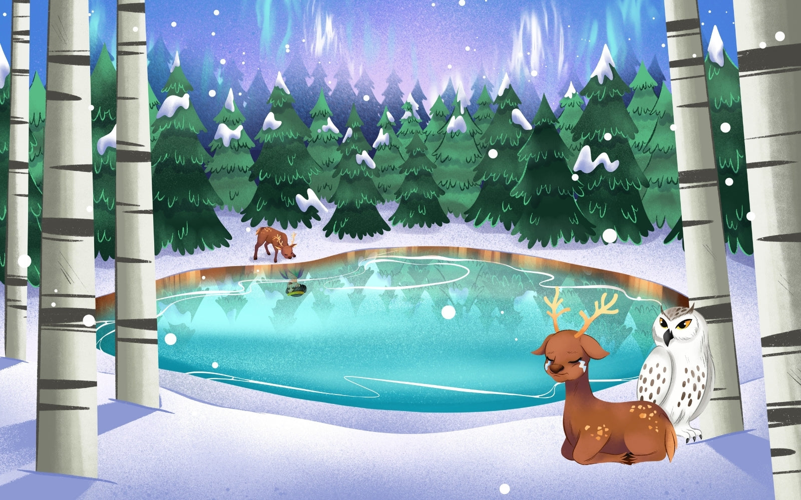 Reindeer is crying beside a frozen lake remembering her mom