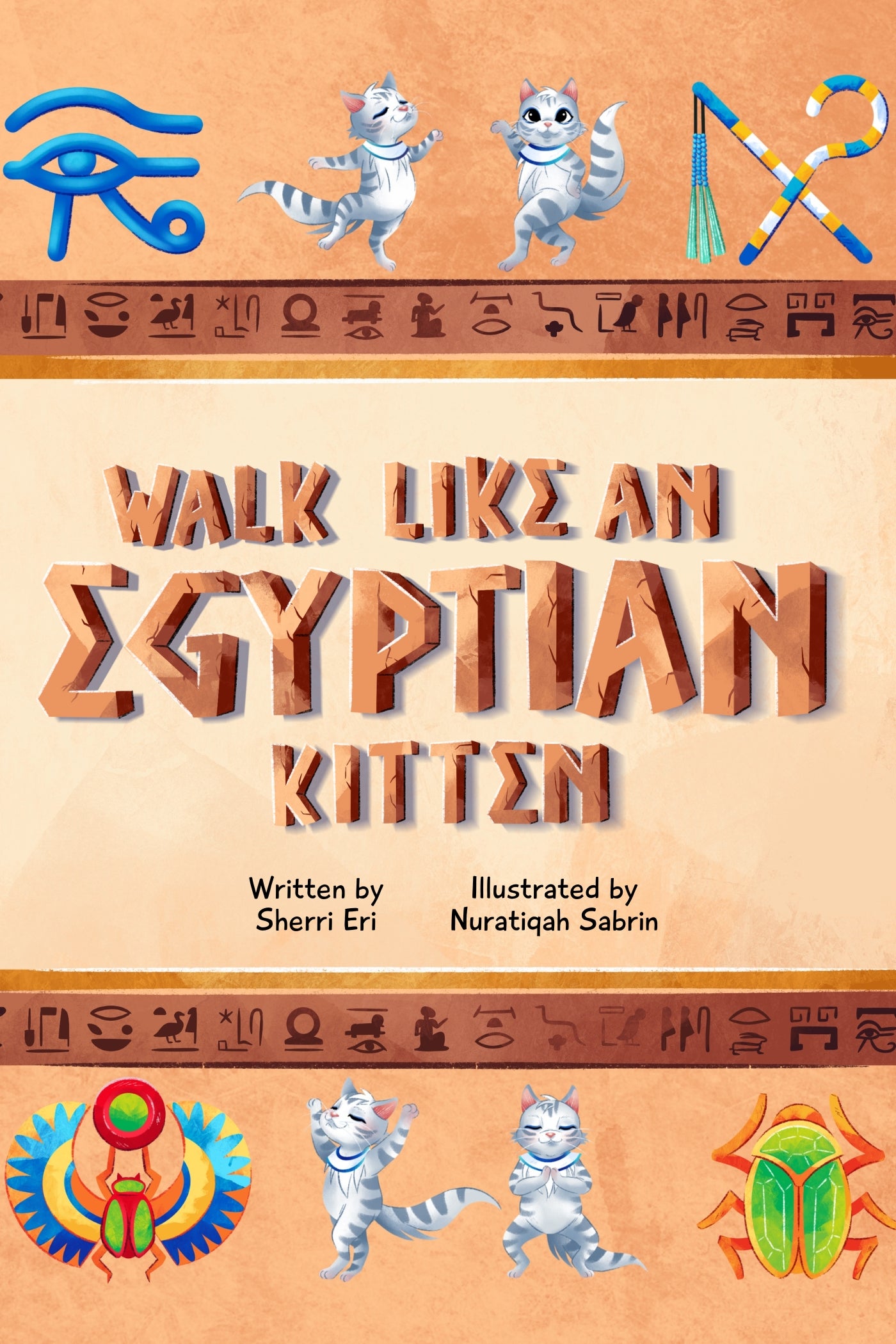 Walk Like an Egyptian Kitten' front cover with cartoon cats and hieroglyphics.