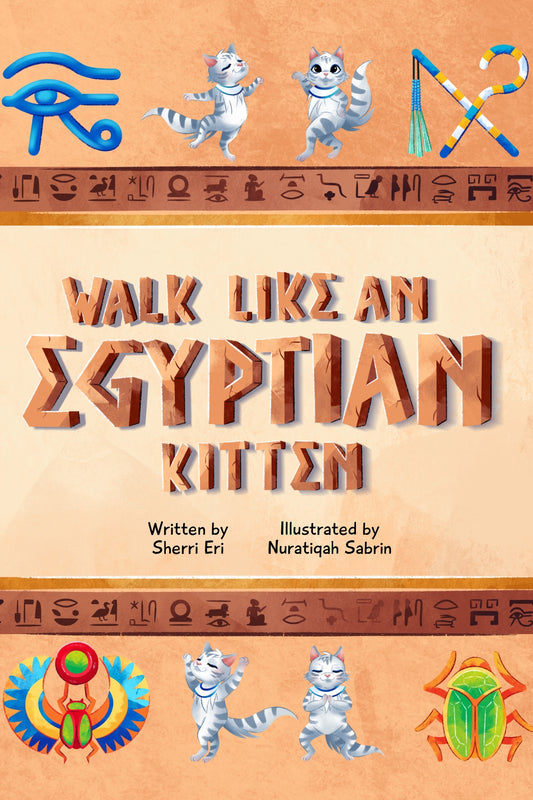 Walk Like an Egyptian Kitten' front cover with cartoon cats and hieroglyphics.