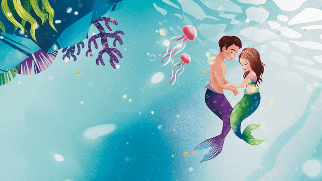 Underwater, a mermaid and merprince dance in a graceful twirl.