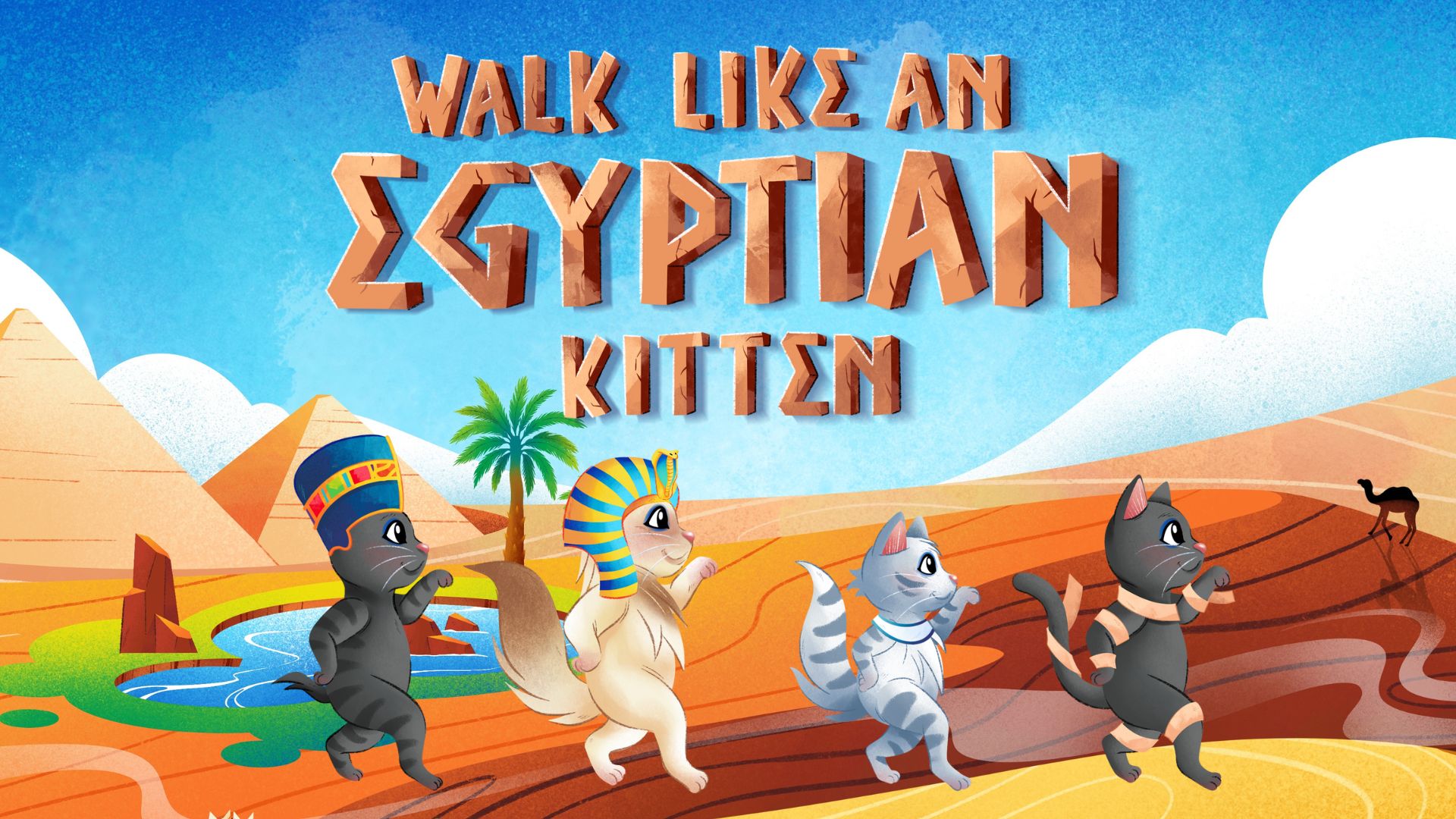 Four kittens in a playful, sideways walk, mimicking ancient Egyptian hieroglyphs, in a sandy desert.