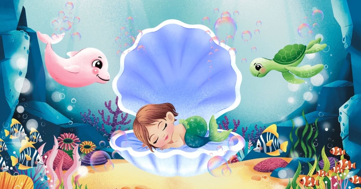 Adorable Baby Mermaid inside a shell sleeping while the pink dolphin & turtle looking after her