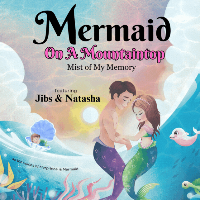 A mermaid and a merprince are holding hands in a colorful underwater scene, with a pink dolphin swimming at her side.