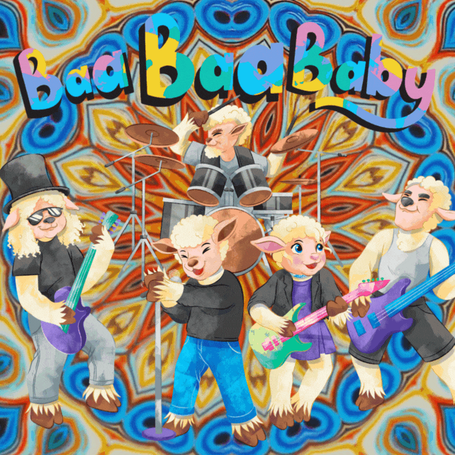 Album cover for Baa Baa Baby showing the band members holding their musical instruments, including guitars, a drum kit, and a bass.